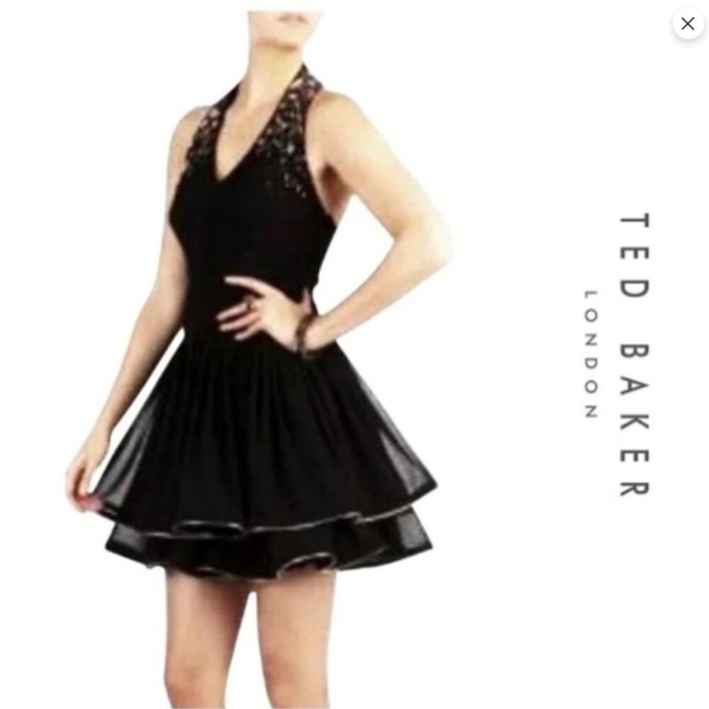 Ted Baker Sheer Chiffon Halter Beaded Dress Size 1